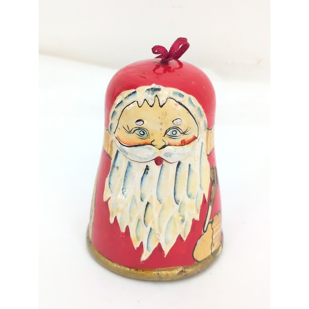 VTG Santa Claus Bell Hand Painted Wooden Hanging Christmas Ornament